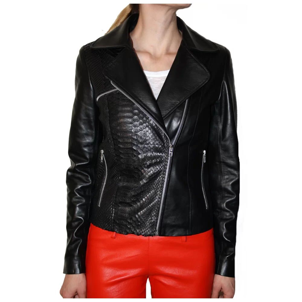 Blouson cuir style perfecto femme en agneau plongé et python véritable modèle Léota