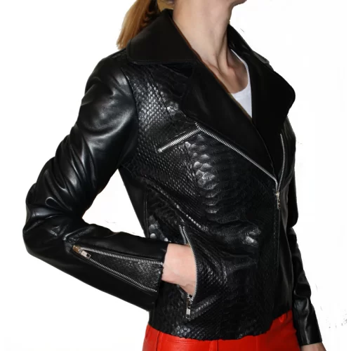 Blouson cuir style perfecto femme en agneau plongé et python véritable modèle Léota