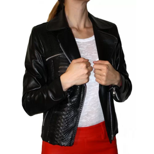 Blouson cuir style perfecto femme en agneau plongé et python véritable modèle Léota