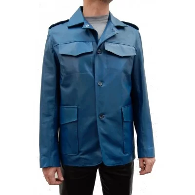  Veste blazer style saharienne cuir homme agneau bleu modèle Michel