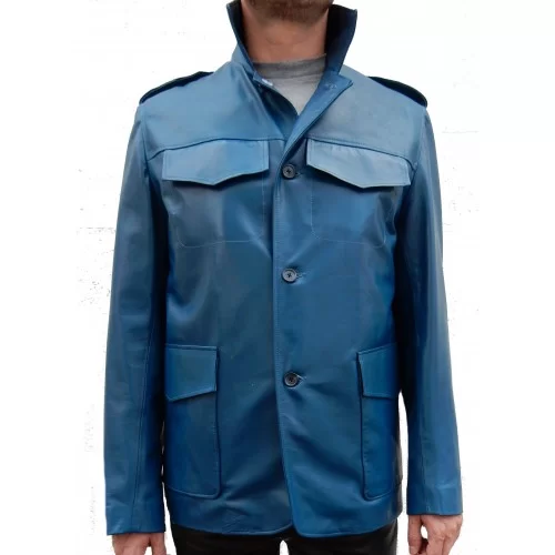  Veste blazer style saharienne cuir homme agneau bleu modèle Michel