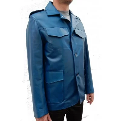  Veste blazer style saharienne cuir homme agneau bleu modèle Michel