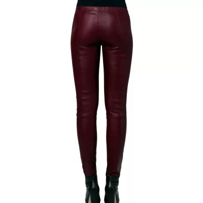 Pantalon legging sans poches ni ceinture cuir agneau stretch bordeaux femme modèle feline