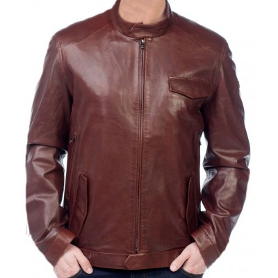 Blouson homme cuir col officier en  agneau marron modèle Dominique 