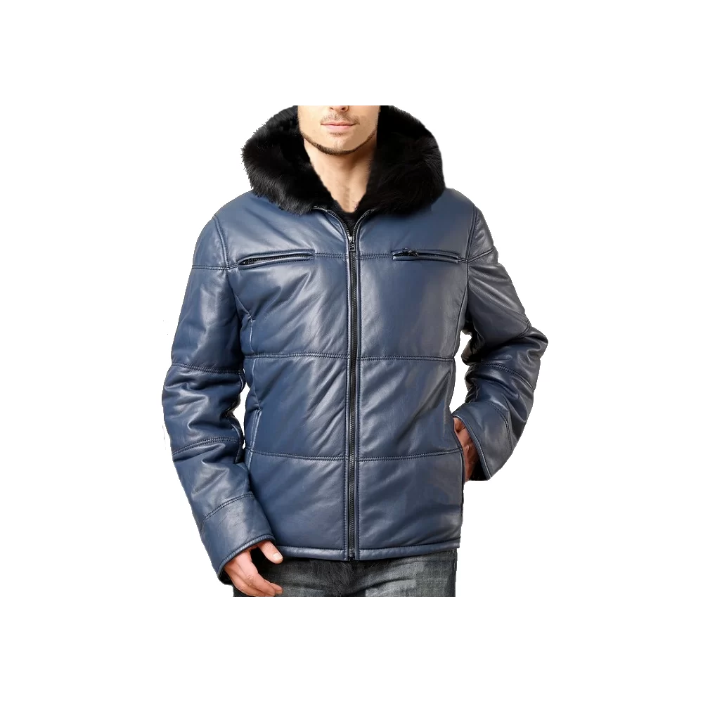 Blouson doudoune cuir agneau noir capuche intèrieure rex rabbit homme modèle Ceasar