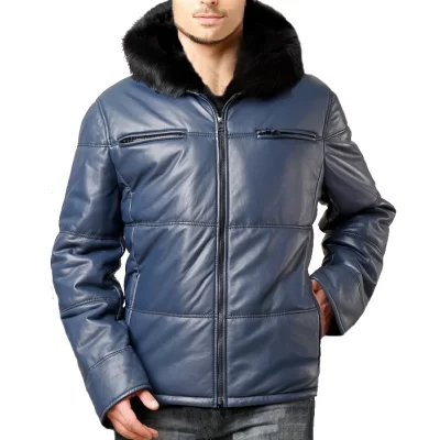 Blouson doudoune cuir agneau noir capuche intèrieure rex rabbit homme modèle Ceasar