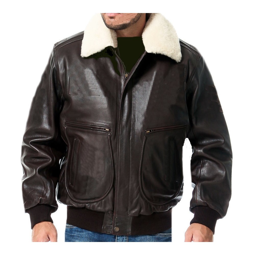 Blouson aviateur  cuir vachette marron col mouton amovible blanc modèle Beurny