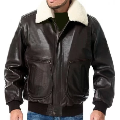 Blouson aviateur cuir vachette marron col mouton amovible blanc modèle Beurny