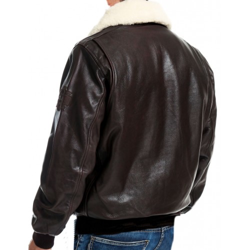 Blouson aviateur  cuir vachette marron col mouton amovible blanc modèle Beurny