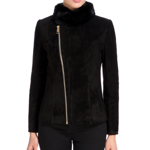 Blouson en mouton retourné façon peau velours fermeture éclair côté  col renard modèle Mirisa 