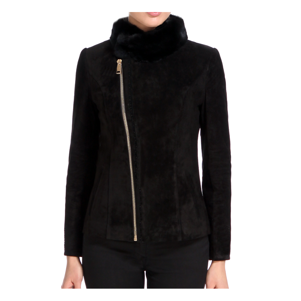 Blouson en mouton retourné façon peau velours fermeture éclair côté  col renard modèle Mirisa 