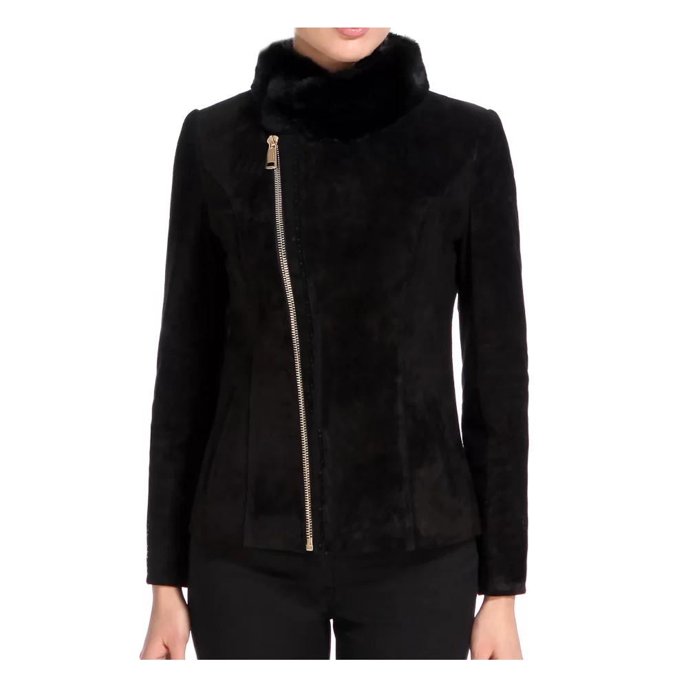 Blouson en mouton retourné façon peau velours fermeture éclair côté col renard modèle Mirisa 