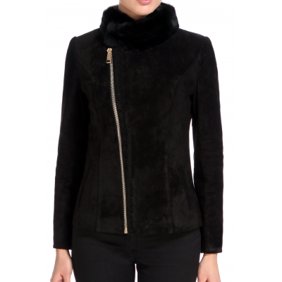 Blouson en mouton retourné façon peau velours fermeture éclair côté  col renard modèle Mirisa 