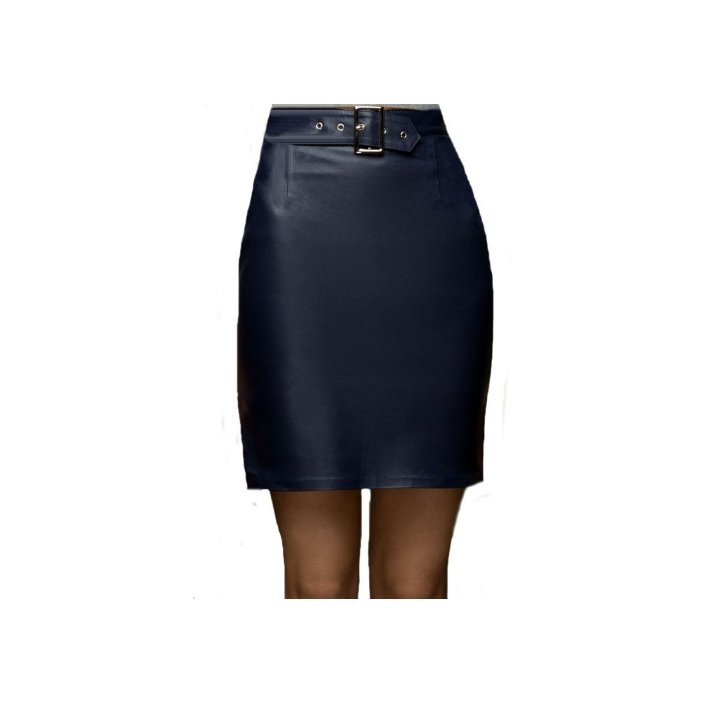 Jupe cuir au dessus des genoux avec ceinture agneau bleu modèle Margaret