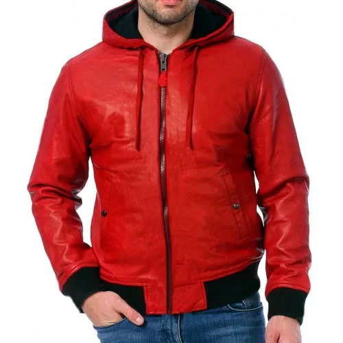 Blouson cuir homme style teedy à capuche couleur agneau épais rouge modèle Atruxe