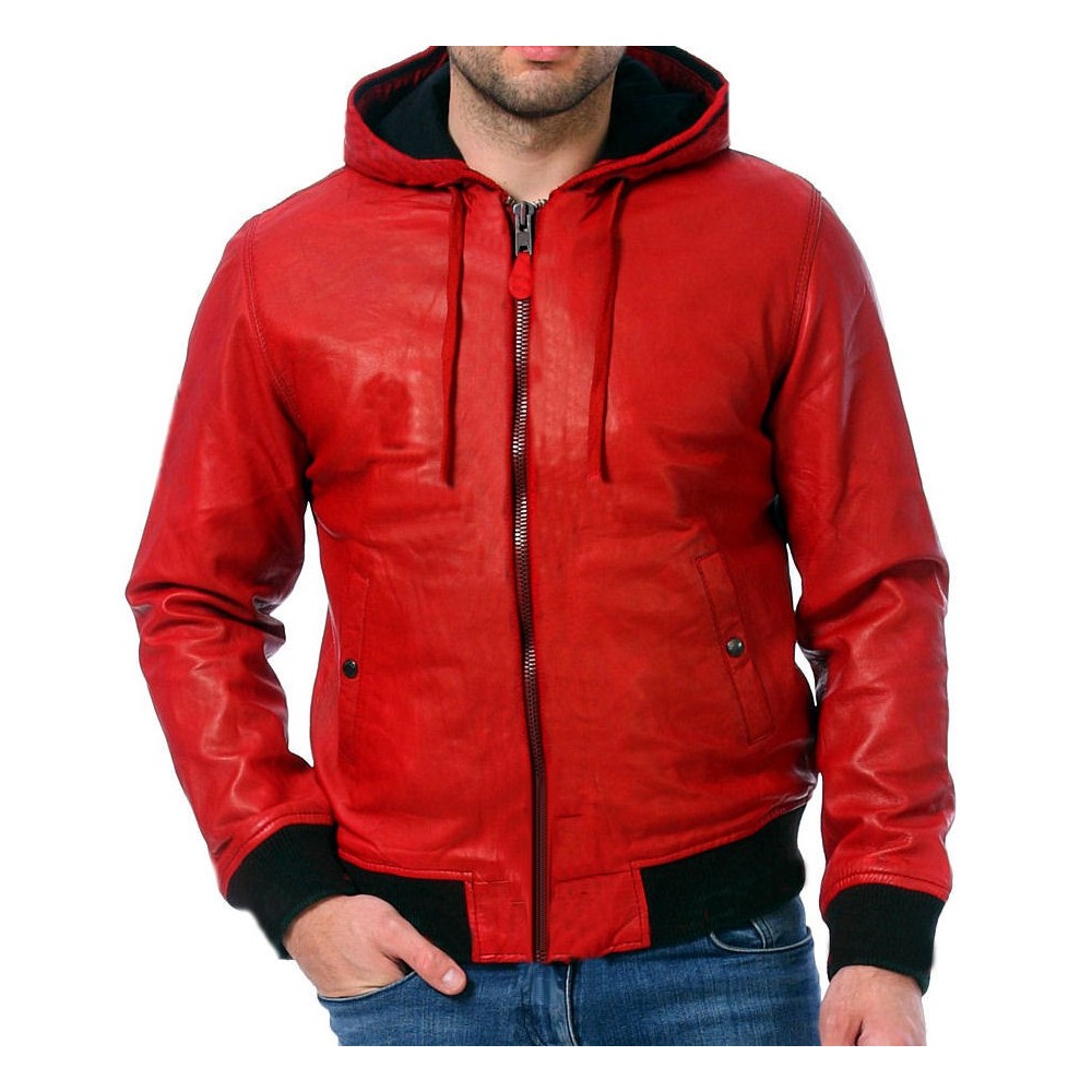 Blouson cuir homme style teedy à capuche couleur agneau épais rouge modèle Atruxe