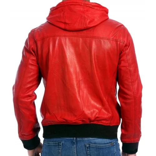 Blouson cuir homme style teedy à capuche couleur agneau épais rouge modèle Atruxe