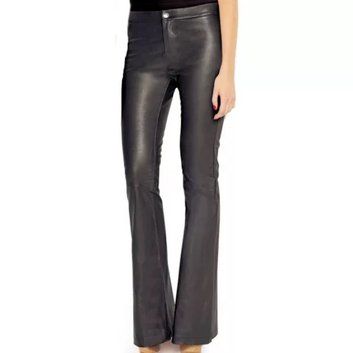 Pantalon agneau cuir noir femme bas larges style pattes d'éléphant agneau modèle Irika