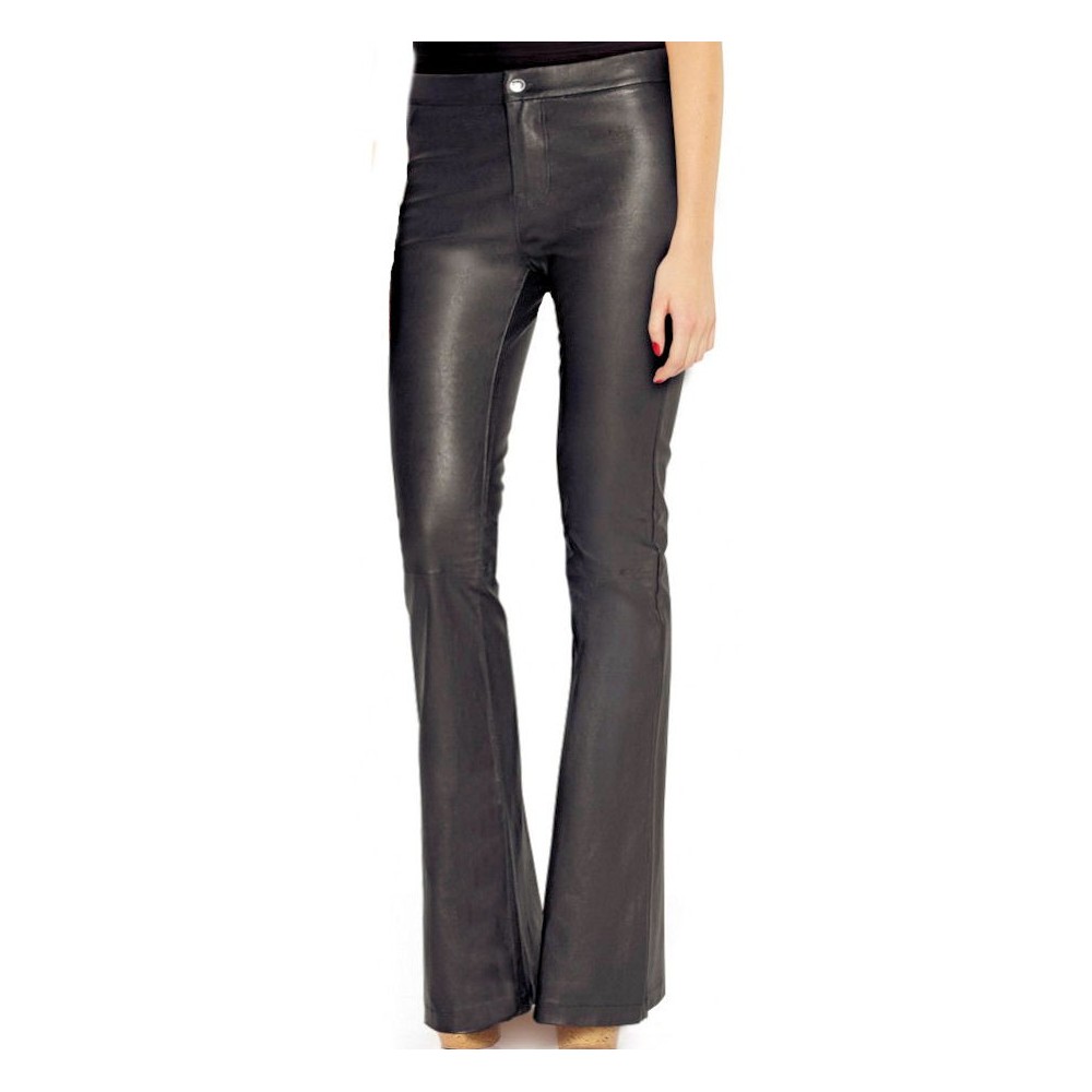 Pantalon agneau  cuir noir femme bas larges style pattes d'éléphant agneau modèle Irika