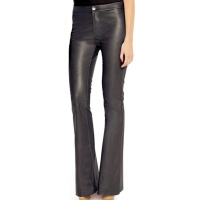 Pantalon agneau  cuir noir femme bas larges style pattes d'éléphant agneau modèle Irika