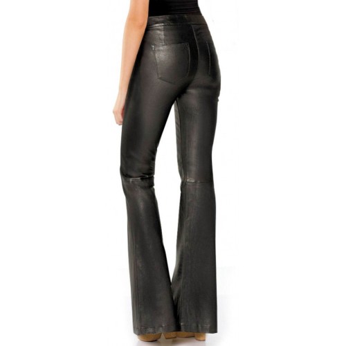 Pantalon agneau  cuir noir femme bas larges style pattes d'éléphant agneau modèle Irika