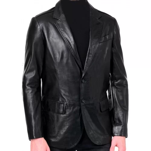 Veste blazer cuir homme 2 boutons avec fente agneau noir modèle Madéo