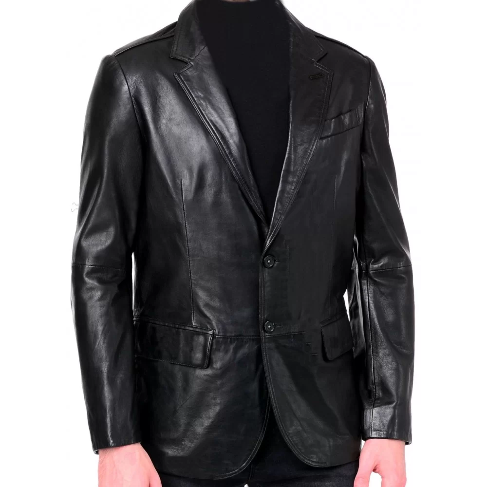 Veste blazer cuir homme 2 boutons avec fente agneau noir modèle Madéo