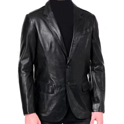 Veste blazer cuir homme 2 boutons avec fente agneau noir modèle Madéo