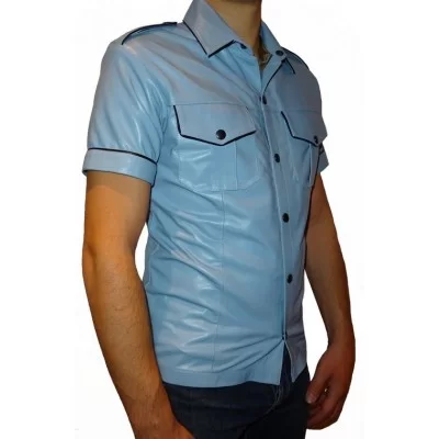 Chemise à manches courtes cuir homme agneau bleu clair modèle Bruno