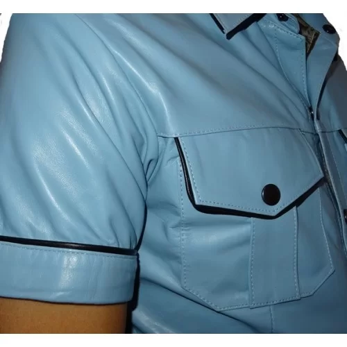 Chemise à manches courtes cuir homme agneau bleu clair modèle Bruno