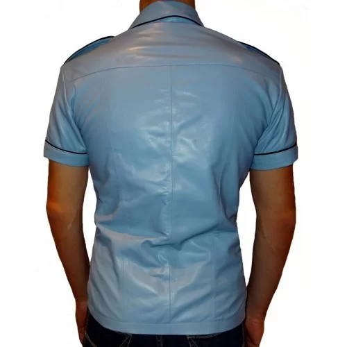 Chemise à manches courtes cuir homme agneau bleu clair modèle Bruno