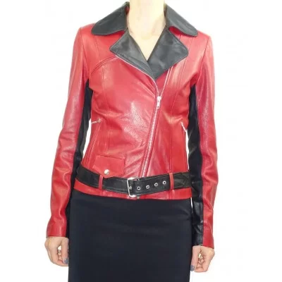 Blouson femme style perfecto agneaux bicolore rouge et noir modèle Lina