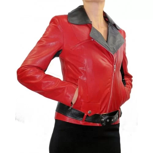 Blouson femme style perfecto agneaux bicolore rouge et noir modèle Lina