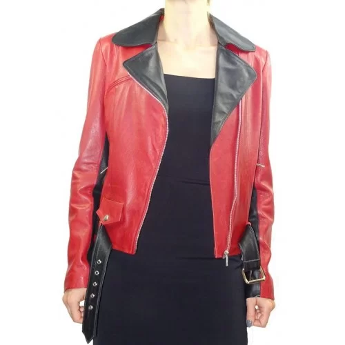 Blouson femme style perfecto agneaux bicolore rouge et noir modèle Lina