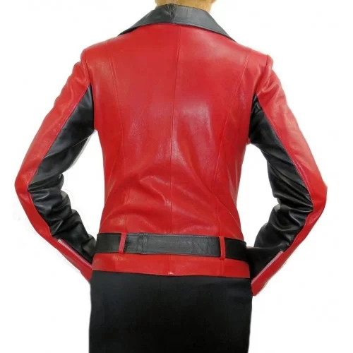 Blouson femme style perfecto agneaux bicolore rouge et noir modèle Lina