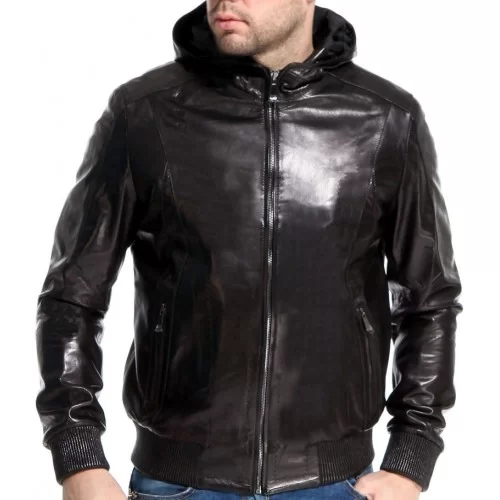 Blouson cuir homme à capuche couleur noir mouton noir modèle Jukian