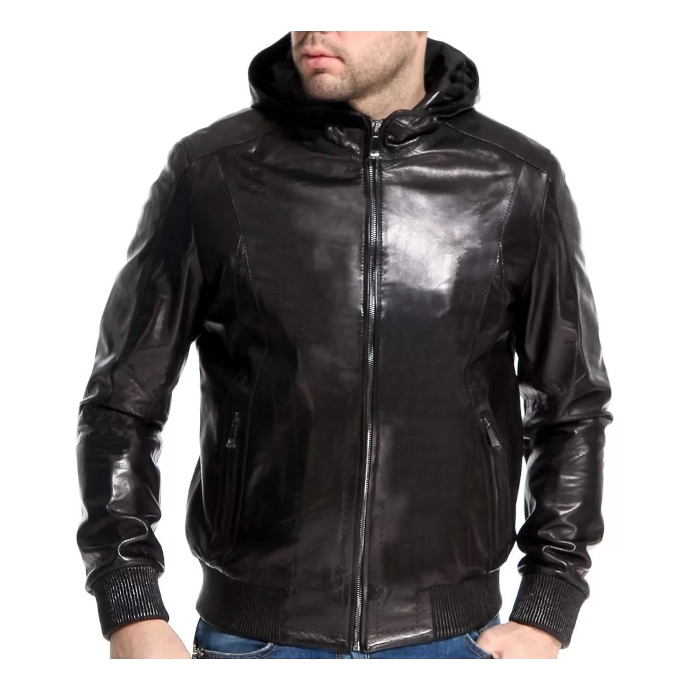 Blouson cuir homme à capuche couleur noir mouton noir modèle Jukian