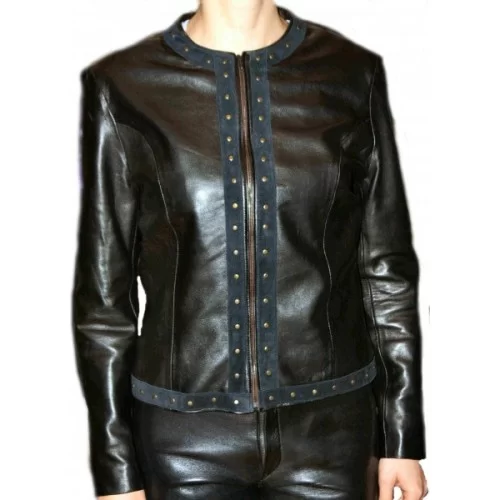 Blouson cuir en agneau plongé noir et agneau velours noir modèle Clarina