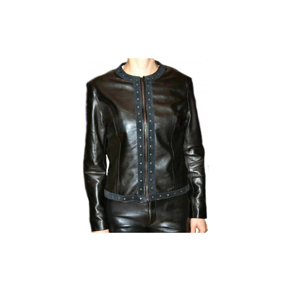 Blouson cuir en agneau plongé noir et agneau velours noir modèle Clarina