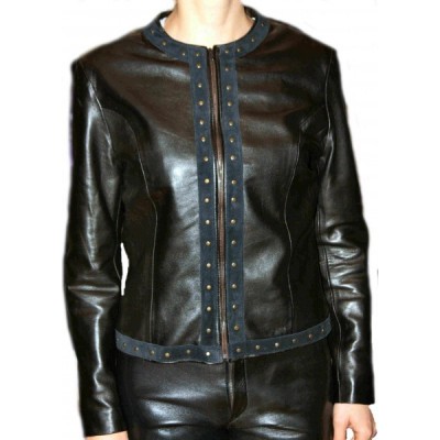 Blouson cuir en agneau plongé noir et agneau velours noir modèle Clarina