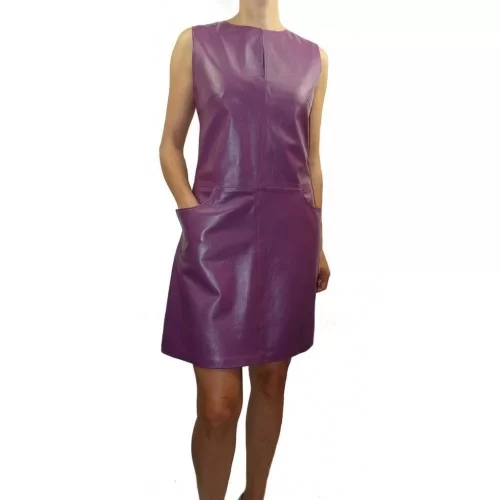 Robe cuir mi longue en agneau couleur violet modèle Orila