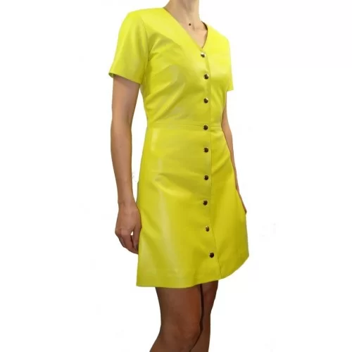 Robe cuir à pressions mi longue agneau couleur jaune modèle Arigna