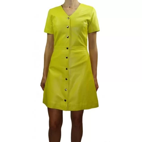 Robe cuir à pressions mi longue agneau couleur jaune modèle Arigna