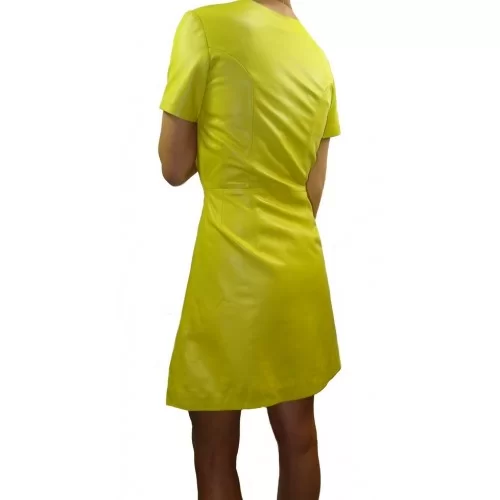 Robe cuir à pressions mi longue agneau couleur jaune modèle Arigna