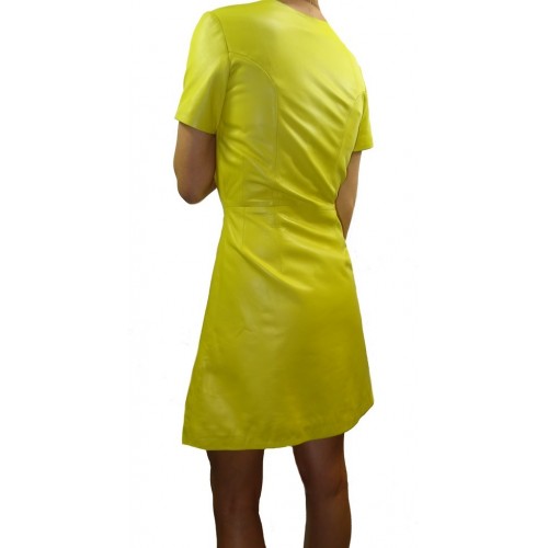 Robe cuir à pressions mi longue agneau couleur jaune modèle Arigna