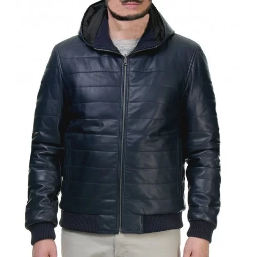 Blouson doudoune cuir homme à capuche modèle Fredio