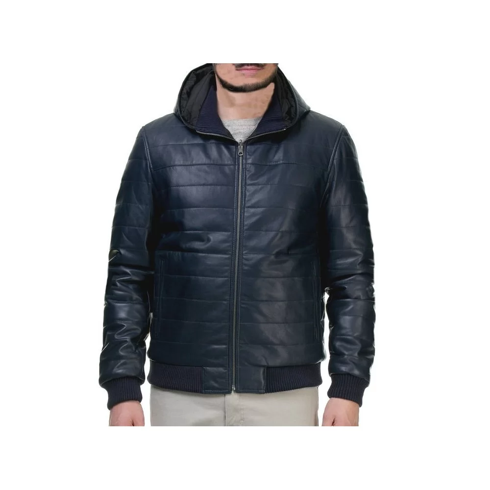 Blouson doudoune cuir homme à capuche modèle Fredio