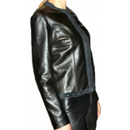 Blouson cuir en agneau plongé noir et agneau velours noir modèle Clarina