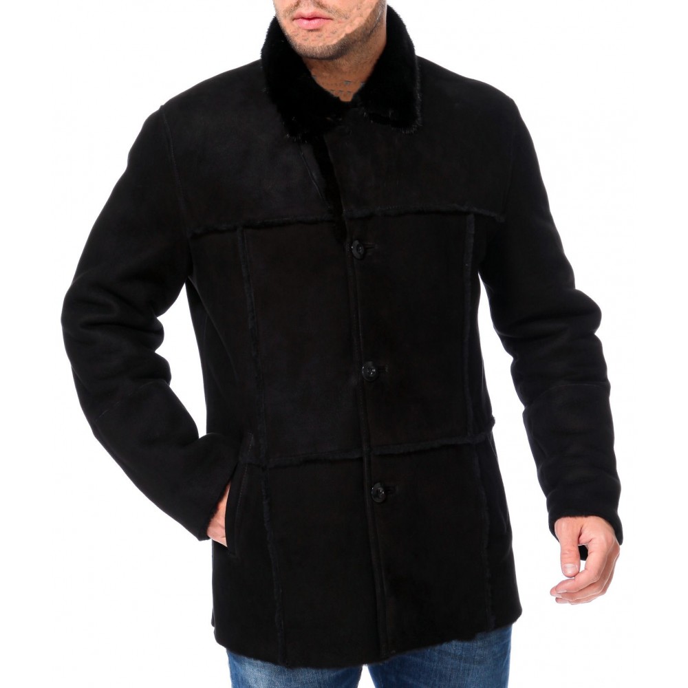 Veste  peau lainée mouton retourné noir façon velours  modèle François