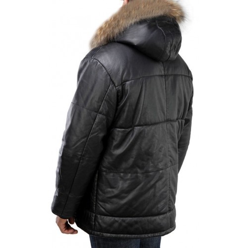 Trois quart doudoune homme agneau marron homme capuche bords renard modèle Roberto